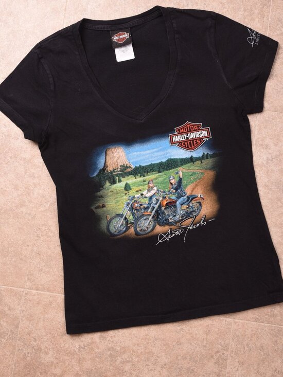Harley-Davidson Tops - Harley Davidson Women’s V-Neck Shirt Black Scott Jacobs Fine Art Graphic Tee - M